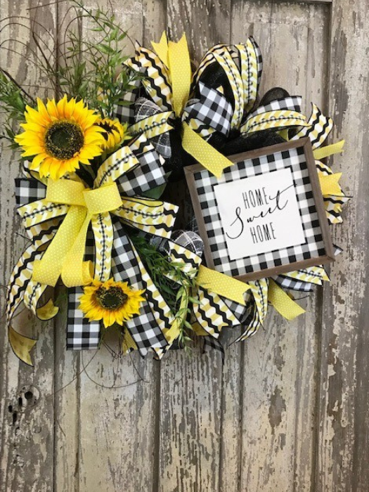 Sunflower Mesh Wreath with Home Sweet Home sign